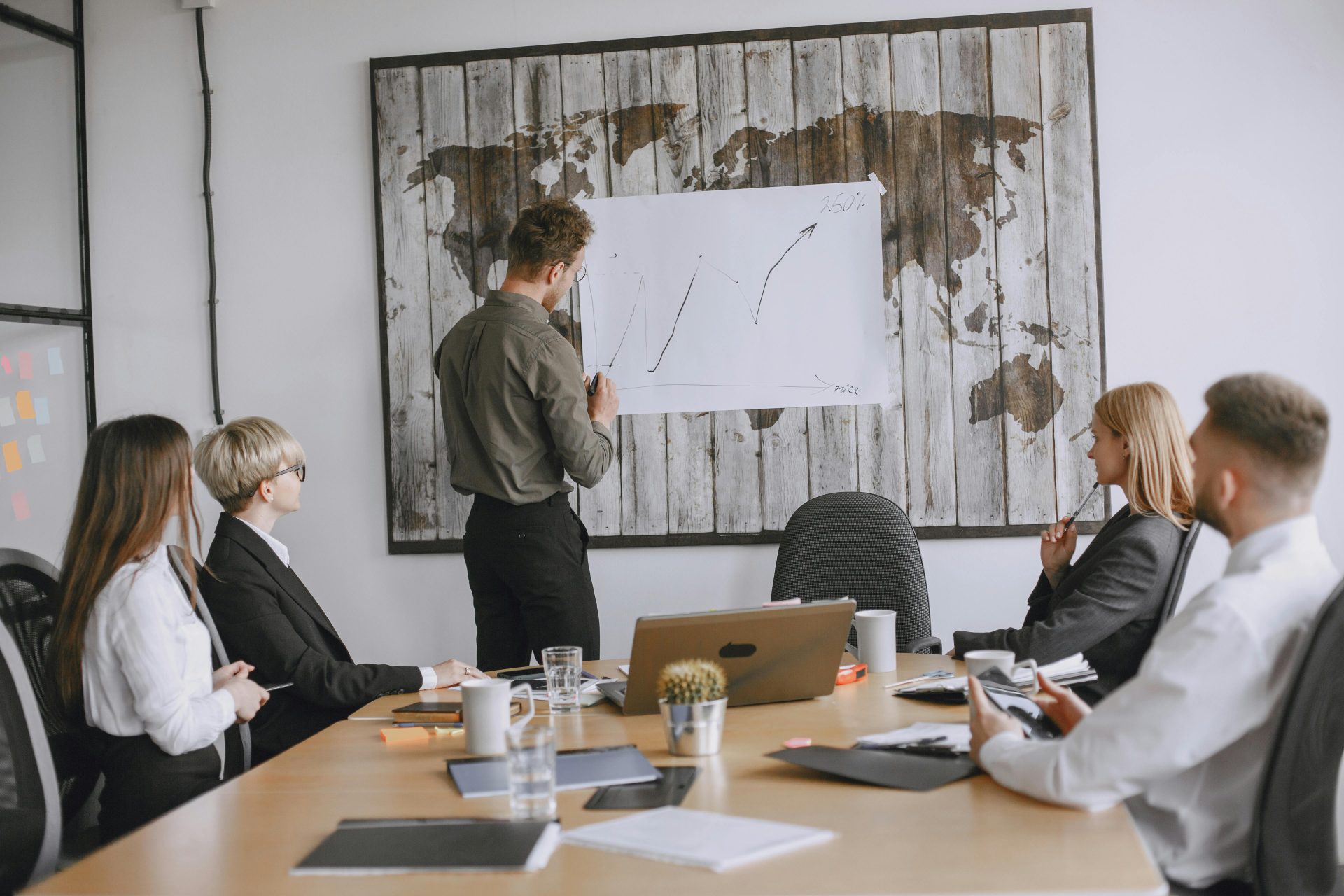 Eine Gruppe von Geschäftsleuten diskutiert Strategien anhand eines Wachstumsdiagramms in einem Konferenzraum.